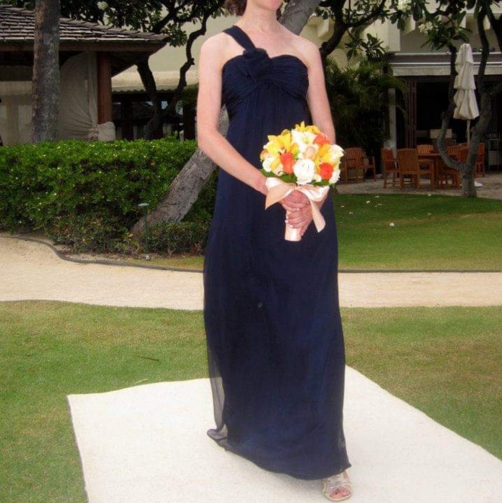 Amsale navy blue long silk chiffon dress